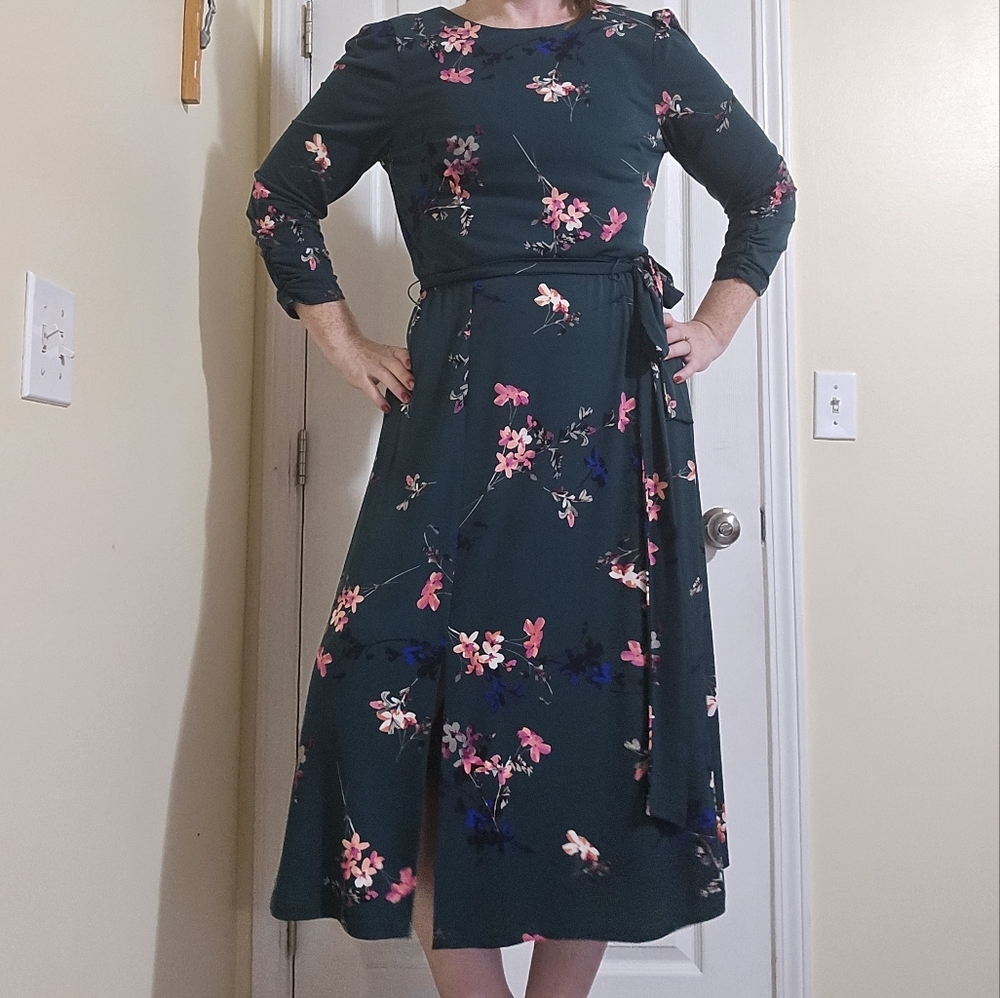 Eliza J Green Floral Midi Dress Spring Wedding Flowy - Picture 1 of 7